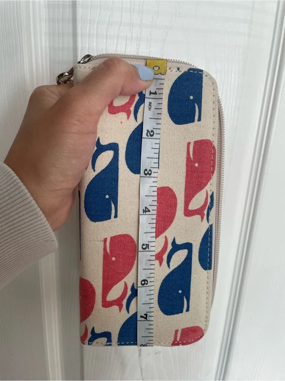 bungalow 360 Canvas Zip Wallet - Blue & Coral Whale Pattern 8x4 inches